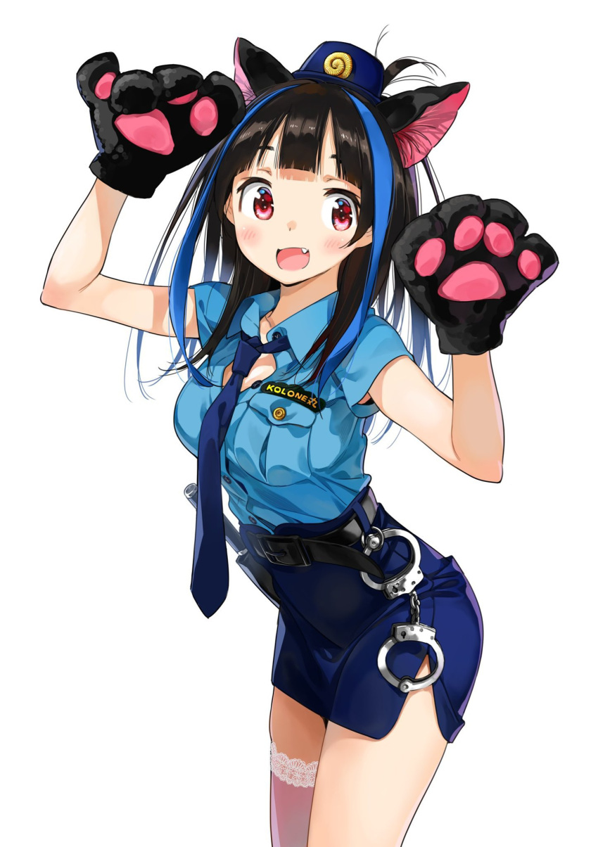 animal_ear_fluff animal_ears animal_hands arms_up belt black_gloves black_hair blue_hat blue_necktie blue_shirt blue_skirt blush cat_ears claw_pose cowboy_shot cuffs fake_animal_ears female gloves hat highres kanojo_okarishimasu leaning_forward long_hair miniskirt miyajima_reiji multicolored_hair necktie oerba_yun_fang official_art open_mouth paw_gloves pencil_skirt police police_uniform policewoman red_eyes shirt short_sleeves simple_background single_thighhigh skirt smile solo streaked_hair thighhighs thighs uniform white_background yaemori_mini