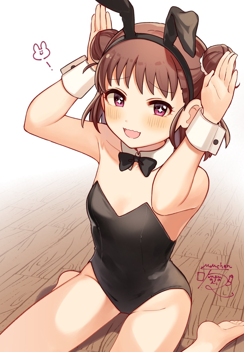 animal_ears bare_legs barefoot black_bow black_bowtie black_leotard blush bow bowtie brown_hair character_signature commentary commission detached_collar double_bun fake_animal_ears female flat_chest groin hair_bun hands_up highleg highleg_leotard highres idolmaster idolmaster_cinderella_girls leotard looking_at_viewer medium_hair mmmakaron888 munakata_atsumi open_mouth pink_eyes playboy_bunny rabbit_ears rabbit_pose sidelocks sitting skeb_commission smile solo sparkling_eyes thighs wariza wavy_mouth white_background wooden_floor wrist_cuffs