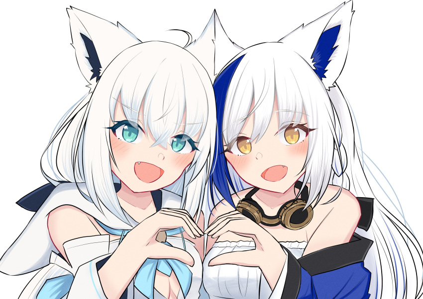 2girls :d absurdres ahoge animal_ear_fluff animal_ears aomiya_yozuri aqua_eyes bare_shoulders blue_hair blue_kimono blue_neckerchief blush braid breasts cat_ears cat_girl color_connection commentary_request creator_connection dress ear-to-ear fox_ears fox_girl goggles goggles_around_neck hair_between_eyes hair_color_connection heart heart_hands heart_hands_duo highres hololive hood hooded_vest hoodie japanese_clothes kimono long_hair looking_at_viewer medium_breasts morishi2000 multicolored_hair multiple_girls neckerchief oerba_yun_fang open_mouth shirakami_fubuki shirakami_fubuki_(1st_costume) sidelocks simple_background smile strapless streaked_hair vee_(vtuber) vest virtual_youtuber white_background white_dress white_hair white_sleeves yellow_eyes