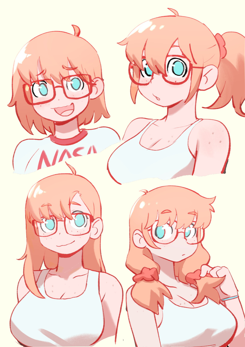 absurdres ahoge alternate_hairstyle blue_eyes blush body_freckles breasts colo_(nagrolaz) female freckles glasses highres large_breasts long_hair looking_at_viewer medium_hair multiple_views open_mouth orange_hair ponytail red-framed_eyewear rita_(sweethex) shirt short_hair smile sweethex twintails