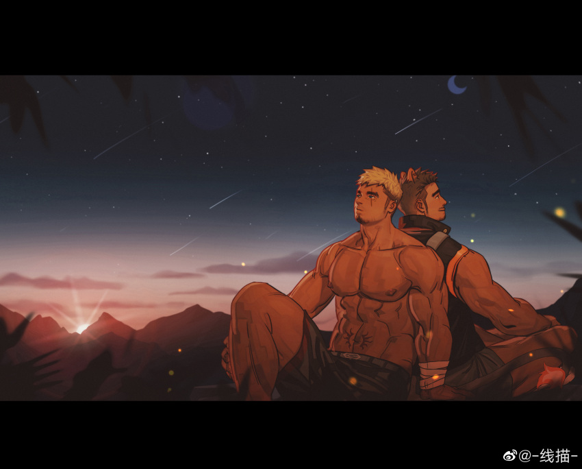 2boys abs absurdres alca_(wakatanka4) animal_ears back-to-back bandaged_arm bandages bara black_eyes black_shorts blonde_hair brown_hair ear_piercing facial_hair goatee gyee highres large_pectorals lion_boy lion_ears lion_tail male_focus moon mountainous_horizon multiple_boys muscular muscular_male navel night nipples original outdoors pectorals piercing romg scar scar_across_eye shooting_star short_hair shorts sideburns sitting stomach_tattoo sun tail tattoo thick_thighs thighs topless_male undercut xian_miao yaoi