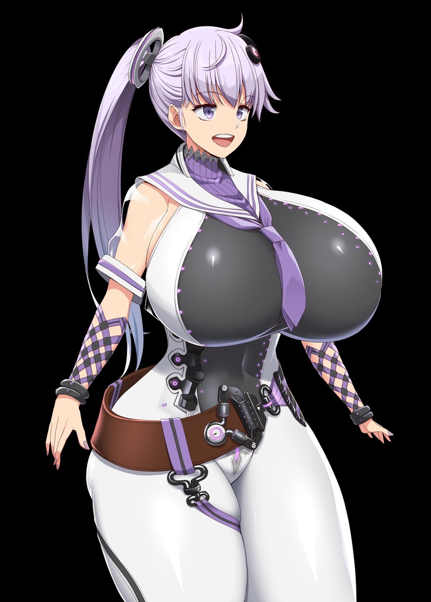 :d ahoge alternate_color belt black_background bodysuit breasts brown_belt cosplay covered_navel cowboy_shot curvy eve_(stellar_blade) eve_(stellar_blade)_(cosplay) female gigantic_breasts hair_ornament highres kloah long_hair multicolored_bodysuit multicolored_clothes multiple_bracelets necktie open_mouth planet_diving_suit_(6th)_(stellar_blade) ponytail purple_eyes purple_hair purple_nails purple_necktie sailor_collar see-through see-through_sleeves short_sleeves simple_background smile solo stellar_blade teeth thick_thighs thighs turtleneck turtleneck_bodysuit upper_teeth_only vocaloid voiceroid white_sailor_collar yuzuki_yukari