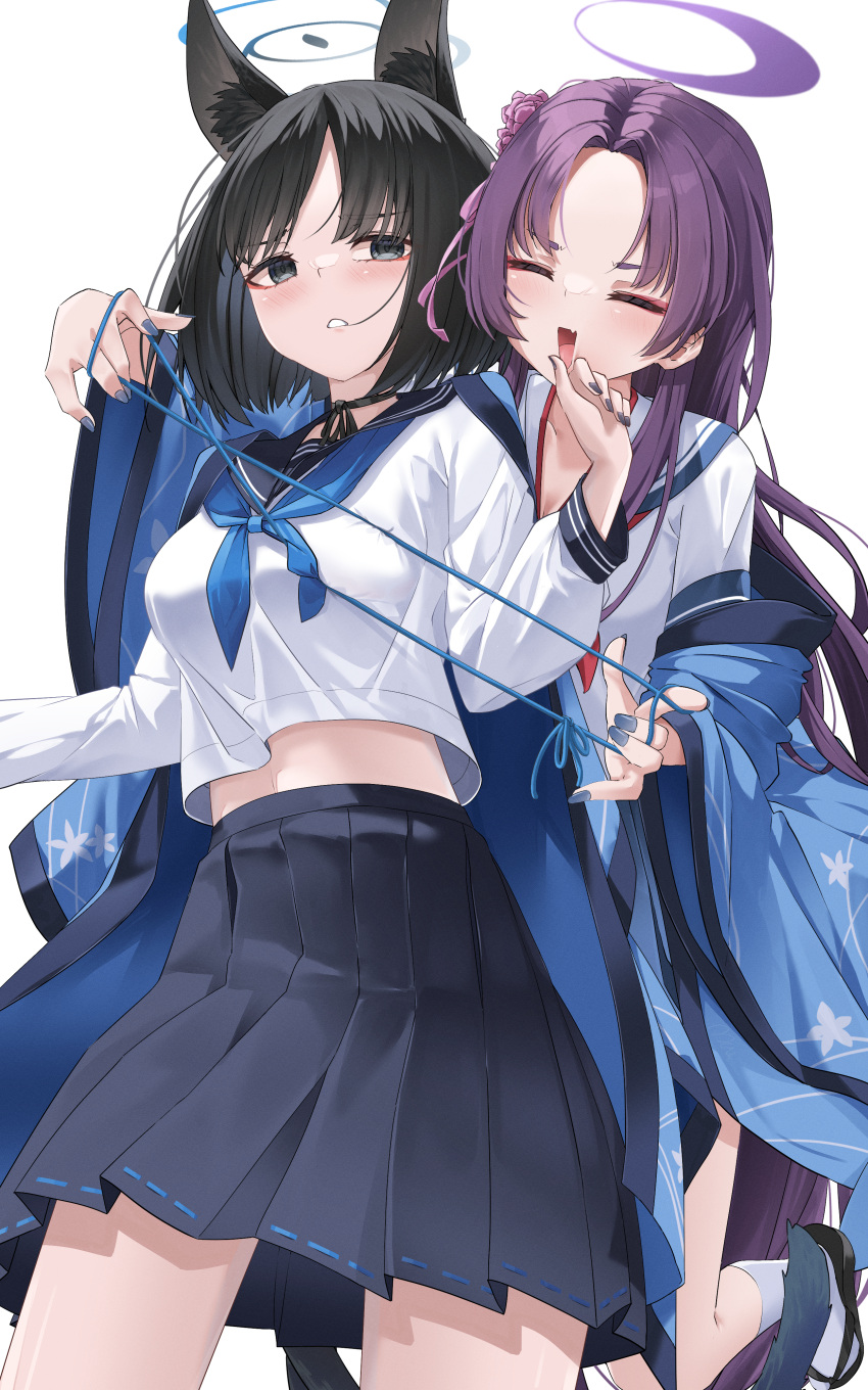 2girls absurdres animal_ears black_eyes black_hair black_nails black_sailor_collar black_skirt blue_archive blue_halo blue_nails blue_neckerchief blush breasts cat_ears cat_tail closed_eyes commentary english_commentary eyeshadow fingernails halo haori highres japanese_clothes kikyou_(blue_archive) long_hair long_sleeves maeru makeup medium_breasts multiple_girls multiple_tails nail_polish neckerchief oerba_yun_fang open_mouth pleated_skirt purple_hair purple_halo red_eyeshadow red_neckerchief sailor_collar school_uniform serafuku short_hair simple_background skin_fang skirt smile tail two_tails white_background white_sailor_collar yukari_(blue_archive)