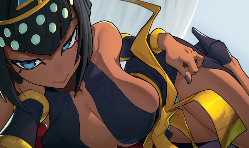 bare_shoulders black_hair blue_eyes breasts cleavage close-up commentary dark-skinned_female dark_skin eliza_(skullgirls) female fingernails hair_ornament hata4564 highres large_breasts long_eyelashes looking_at_viewer purple_nails short_hair skullgirls solo