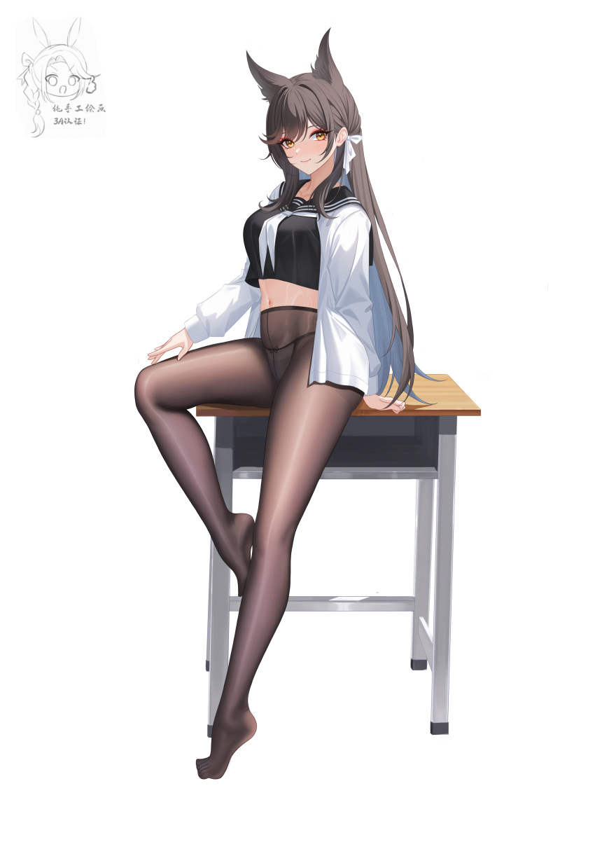 absurdres animal_ears atago_(azur_lane) atago_(school_traumerei)_(azur_lane) azur_lane black_hair black_pantyhose black_shirt blush breasts chinese_commentary closed_mouth commentary_request desk dog_ears female full_body highres large_breasts long_hair long_sleeves looking_at_viewer nanqizizhou navel official_alternate_costume panties panties_under_pantyhose pantyhose shirt simple_background smile solo thighs underwear white_background white_panties yellow_eyes