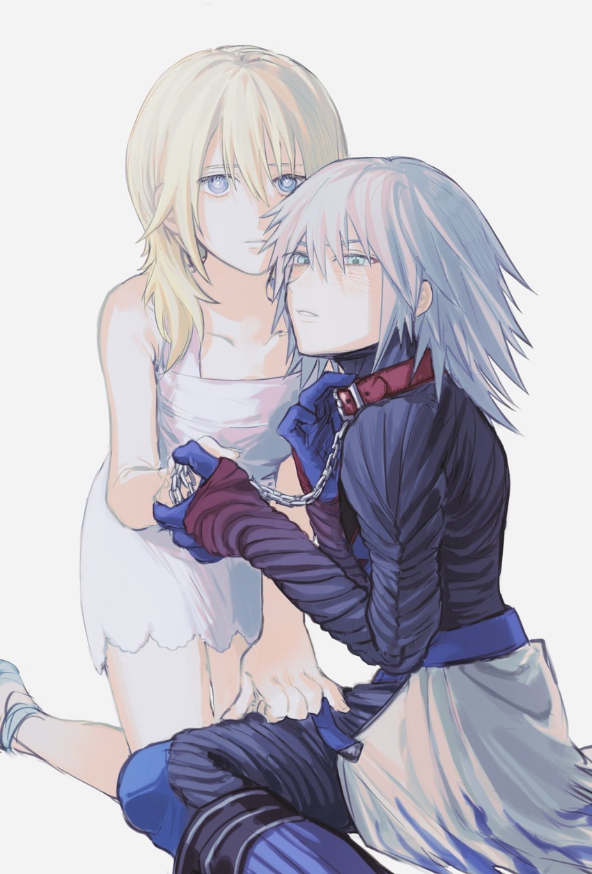 1boy blonde_hair blue_eyes chains collar commentary_request dress female gloves grey_hair hair_between_eyes hand_on_another's_thigh highres holding holding_collar holding_hands kingdom_hearts kingdom_hearts_ii kneeling looking_at_viewer medium_hair namine nishinsobha open_mouth riku_(kingdom_hearts) riku_replica sitting spiked_hair sundress white_background white_dress