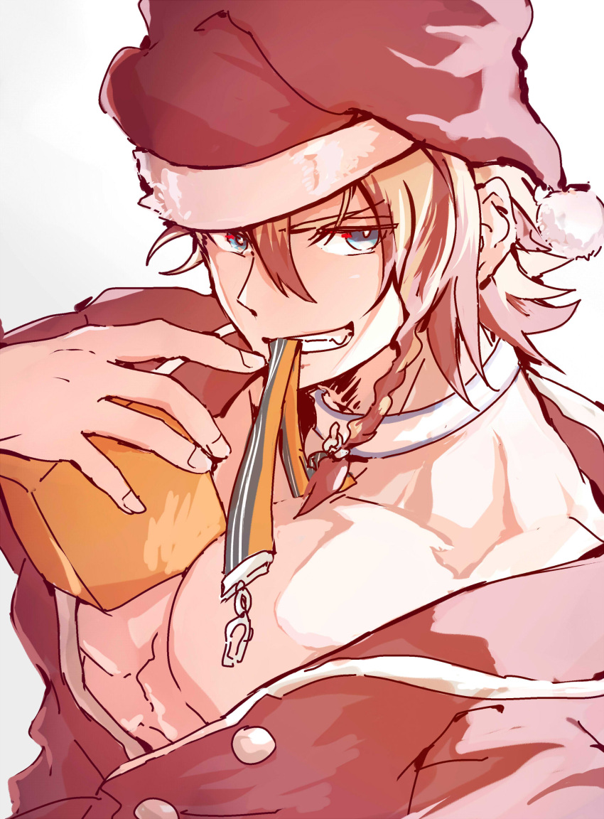 1boy absurdres axel_syrios blonde_hair blue_eyes braid close-up collar collarbone hair_between_eyes hat highres holding holostars holostars_english leash_in_mouth looking_at_viewer male_focus medium_hair multicolored_hair open_collar pectoral_cleavage pectorals red_hair red_headwear red_shirt santa_costume santa_hat shirt side_braid teeth toned toned_male upper_body vam_111 virtual_youtuber white_background