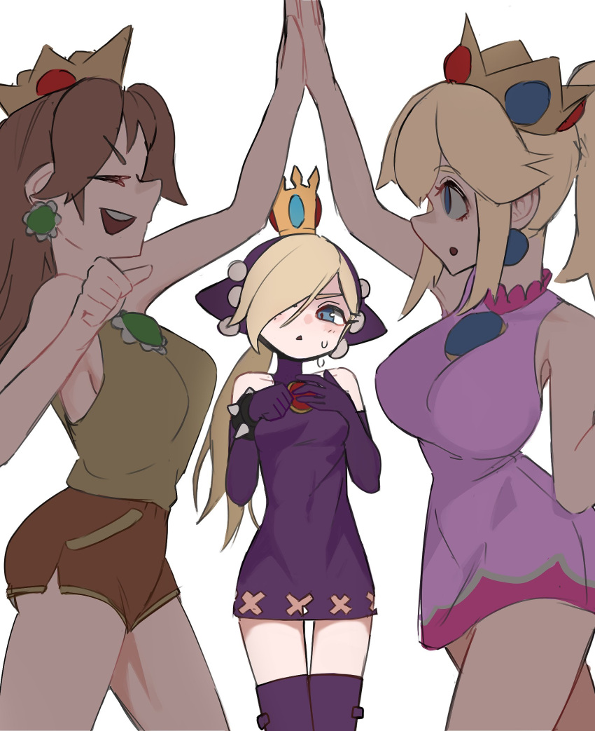 3girls alternate_breast_size blonde_hair bracelet breast_envy breasts brooch brown_hair crown dress high_five highres hooded_dress jewelry mario_(series) mario_power_tennis mario_tennis mini_crown multiple_girls no_panties official_alternate_costume parted_bangs pea_(poopingirl) princess_daisy princess_peach short_dress short_shorts shorts sleeveless smile spiked_bracelet spikes tennis_daisy tennis_peach warupeach