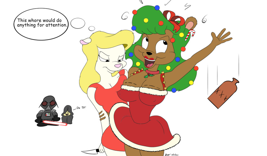 animaniacs anthro asymmetrical_breast_frottage bear breast_squish breasts breasts_frottage choker christmas christmas_clothing cleavage clothed clothing darth_vader dress drunk duo_focus emperor_palpatine english_text female group hi_res holding_knife holding_object holidays jewelry julie_bruin knife looking_down mammal minerva_mink mink mustelid musteline necklace simple_background squish star_wars substance_intoxication terra0719 text tiny_toon_adventures true_musteline warner_brothers white_background