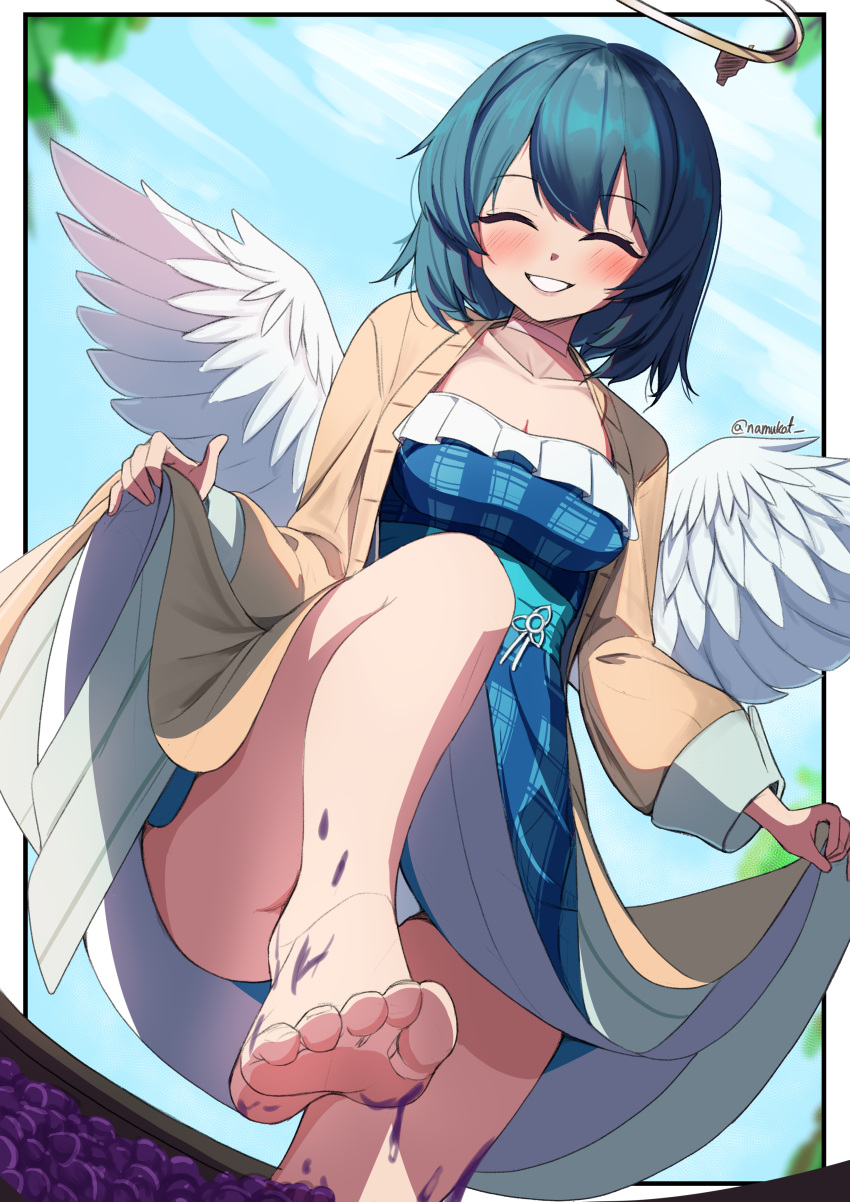 absurdres angel_(last_origin) angel_wings aqua_sash bare_legs barefoot blue_hair blurry blurry_background blush border breasts brown_coat choker cleavage closed_eyes coat collarbone commentary commission convenient_leg dress dutch_angle english_commentary eyelashes feathered_wings feet female foot_focus foot_out_of_frame foot_up frilled_dress frills grape_stomping halo highres impossible_clothes impossible_dress knee_up last_origin medium_breasts medium_hair namukot official_alternate_costume open_clothes open_coat outdoors panties pixiv_commission skirt_hold smile soles solo standing standing_on_one_leg thighs toenails toes twitter_username underwear white_border white_choker white_panties white_wings wings