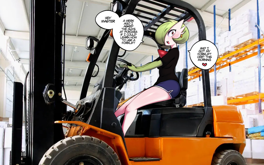 black_shirt blue_shorts blush bob_cut breasts clothed_pokemon colored_skin commentary dolphin_shorts driving earrings english_commentary english_text female forklift forklift_certified_(meme) from_side gardevoir green_hair green_skin hair_over_one_eye happy heart highres indoors jewelry legs looking_at_viewer meme motor_vehicle multicolored_skin one_eye_covered open_mouth photo_background pokemon pokemon_(creature) red_eyes saltyxodium shiny_skin shirt short_hair short_shorts short_sleeves shorts side_slit sitting small_breasts smile solo speech_bubble spoken_heart steering_wheel talking teeth thighs two-tone_skin warehouse white_skin