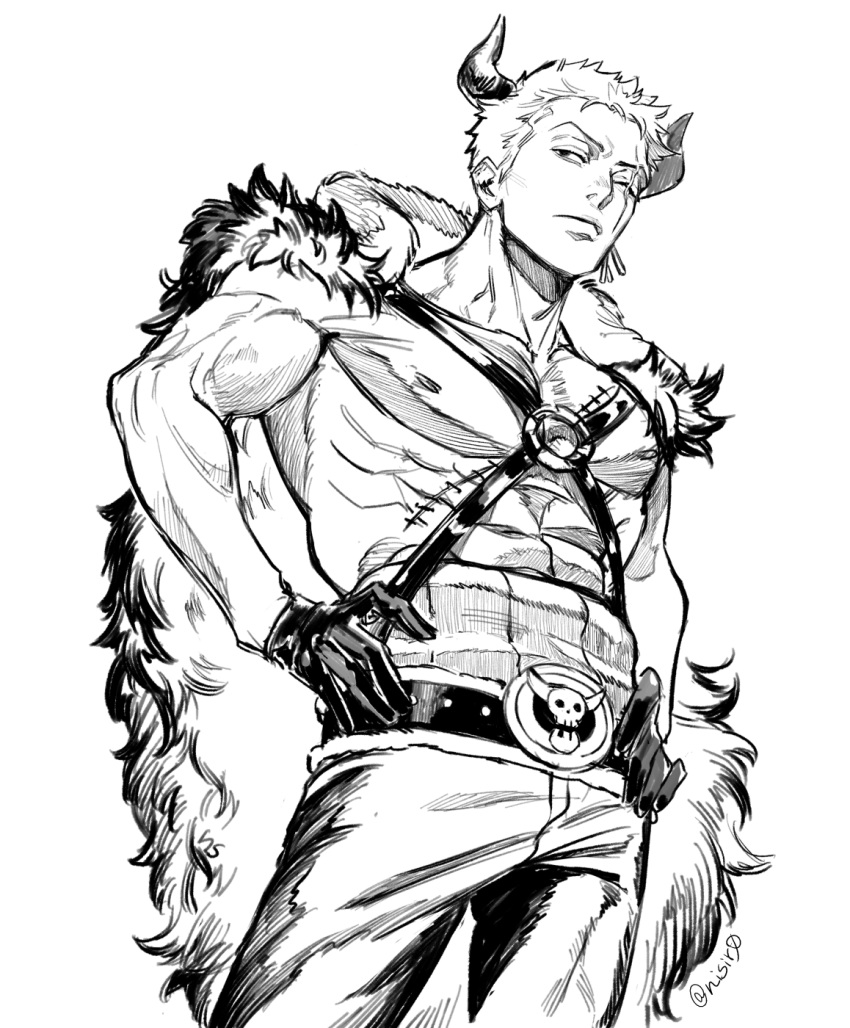 1boy abs bare_pectorals bored coat feet_out_of_frame from_below greyscale half-closed_eyes highres horns male_focus monochrome navel nipples nisir0 o-ring o-ring_top official_alternate_costume one_piece pants pectorals roronoa_zoro scar scar_across_eye short_hair solo toned toned_male