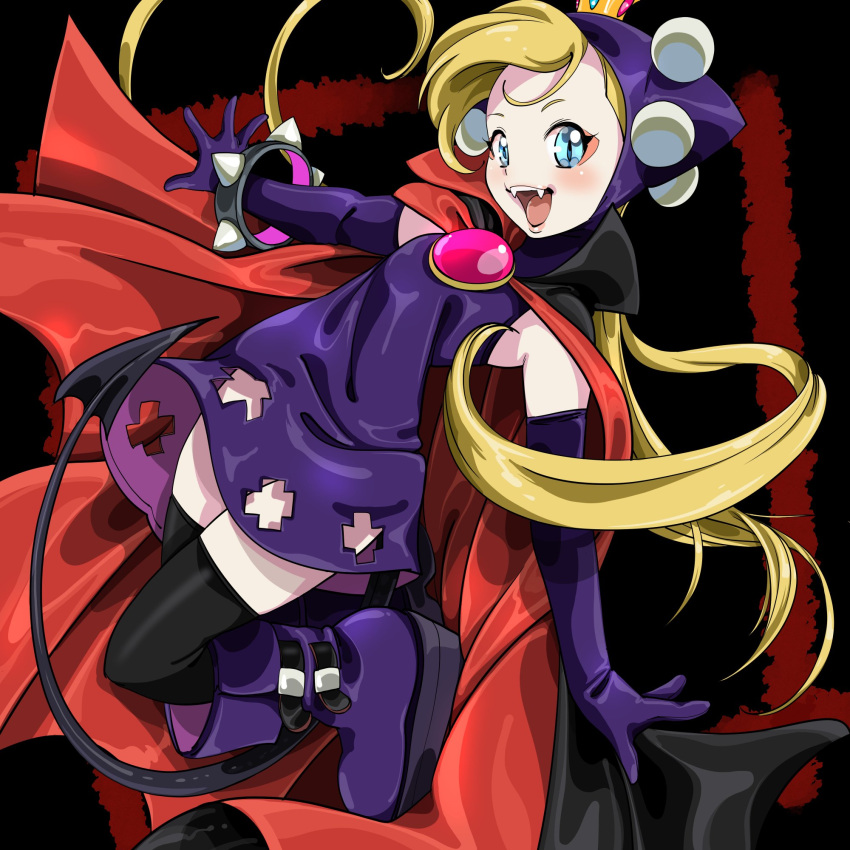 :d black_background black_cape black_thighhighs blonde_hair blue_eyes boots bracelet brooch cape commentary_request crown demon_tail dress elbow_gloves female full_body gloves highres hood hood_up hooded_dress jewelry knee_boots long_hair looking_at_viewer mario_(series) mario_power_tennis mario_tennis mini_crown open_mouth outstretched_arms platform_boots platform_footwear purple_dress purple_footwear purple_gloves short_dress sleeveless sleeveless_dress slit_pupils smile solo spiked_bracelet spikes tail thighhighs very_long_hair warupeach yozora zettai_ryouiki