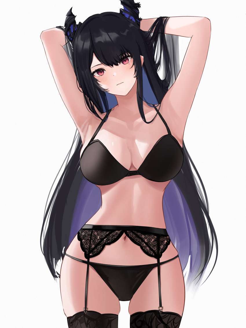 :| absurdres armpits arms_up asymmetrical_horns black_bra black_hair black_panties bra breasts cleavage closed_mouth cloud_etoile collarbone colored_inner_hair commentary cowboy_shot crystal_horns demon_horns dot_nose female garter_belt hands_in_own_hair head_tilt highres hololive hololive_english horn_flower horns jpeg_artifacts large_breasts light_blush long_hair looking_at_viewer mole mole_under_eye multicolored_hair navel nerissa_ravencroft panties panties_over_garter_belt purple_hair red_eyes sidelocks simple_background solo standing straight-on thighhighs two-tone_hair underwear underwear_only uneven_horns very_long_hair virtual_youtuber white_background wide_hips