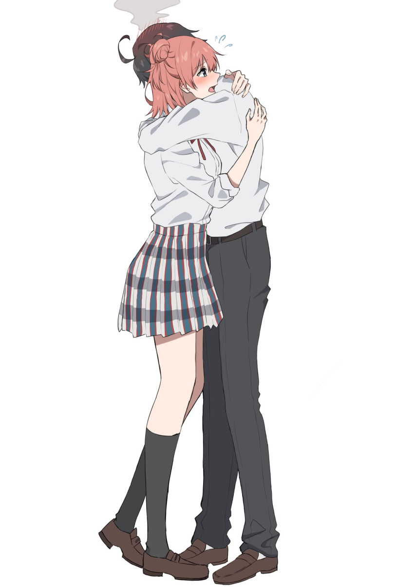 1boy ahoge black_pants black_socks blush brown_footwear collared_shirt female full_body hair_blush hair_bun highres hikigaya_hachiman hug light_(lightpicture33) loafers neck_ribbon open_mouth orange_hair pants plaid plaid_skirt profile red_ribbon ribbon school_uniform shirt shoes short_hair simple_background single_hair_bun single_side_bun skirt sobu_high_school_uniform socks standing steam white_background white_shirt yahari_ore_no_seishun_lovecome_wa_machigatteiru. yuigahama_yui