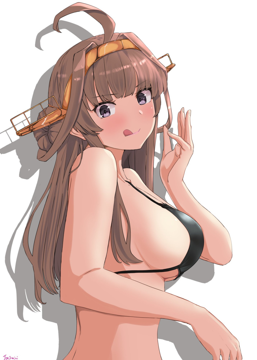 ahoge bikini black_bikini breasts brown_hair double_bun female grey_eyes hair_bun hairband headgear highres jouzaburou_(joe3) kantai_collection kongou_(kancolle) large_breasts long_hair looking_at_viewer shadow simple_background solo swimsuit tongue tongue_out upper_body white_background