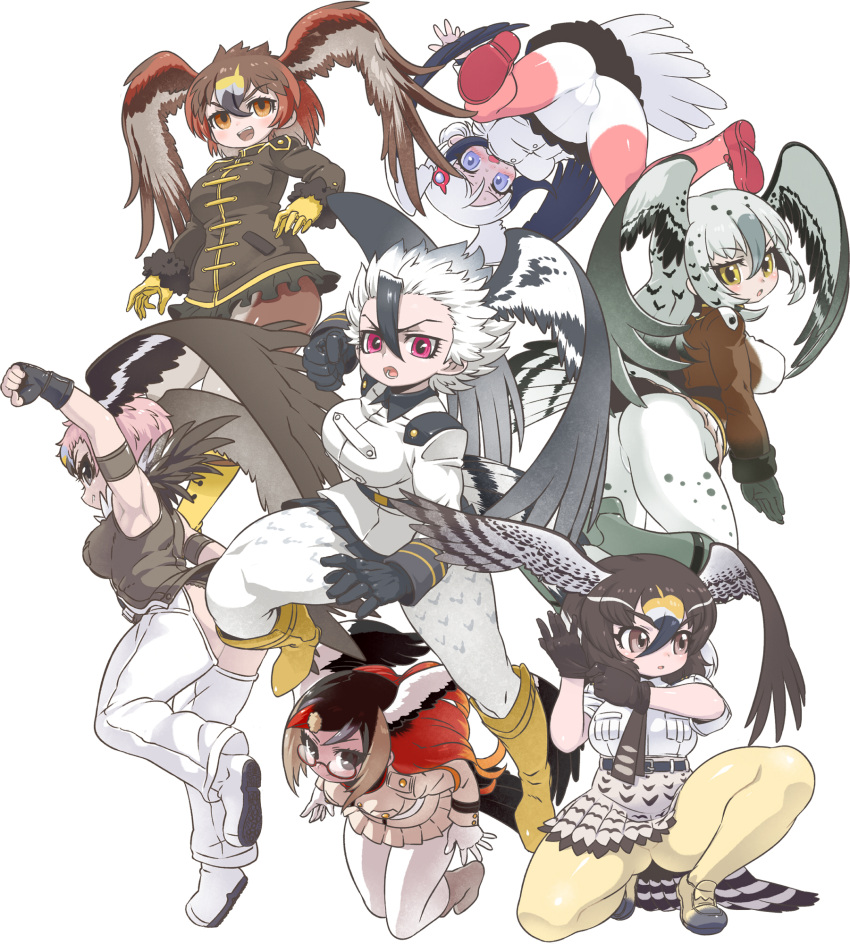 6+girls bird_girl bird_tail bird_wings black_hair boots brown_hair feathered_wings glasses gloves golden_eagle_(kemono_friends) grey_hair harpy_eagle_(kemono_friends) head_wings highres jacket kemono_friends king_vulture_(kemono_friends) kuro_(kurojill) lappet-faced_vulture_(kemono_friends) long_hair looking_at_viewer martial_eagle_(kemono_friends) multicolored_hair multiple_girls necktie oriental_stork_(kemono_friends) pants pantyhose peregrine_falcon_(kemono_friends) pink_hair red_hair shirt short_hair simple_background skirt sleeveless tail white_hair wings