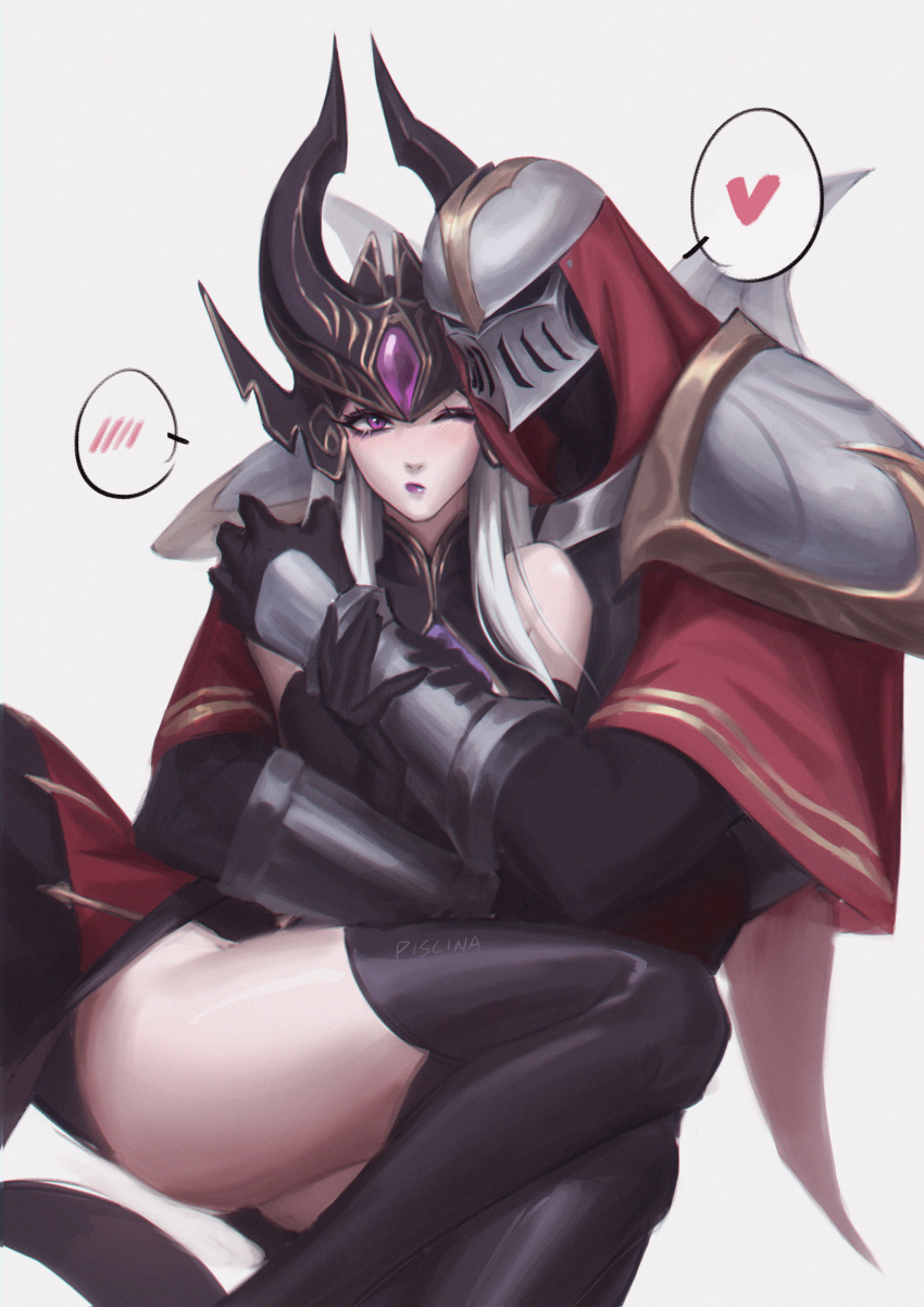 absurdres armor ass bare_shoulders black_armor black_bodysuit black_gloves black_thighhighs bodysuit closed_mouth female gem gloves heart helm helmet highres hug league_of_legends one_eye_closed pink_eyes pink_lips piscina shoulder_plates simple_background speech_bubble spiked_helmet spoken_blush spoken_heart syndra thighhighs white_background zed_(league_of_legends)