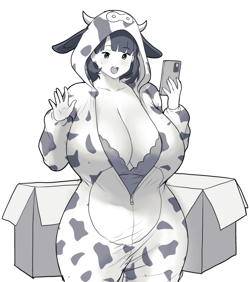 absurdres animal_ears animal_print blush breasts cleavage closed_mouth cosplay cow_ears cow_horns cow_print cowboy_shot earrings erkaz fake_animal_ears fake_horns female greyscale hands_up highres holding holding_phone hood hood_up horns huge_breasts jewelry kigurumi long_sleeves monochrome onesie open_box open_mouth original partially_unzipped phone rina_atherina short_hair simple_background solo sweatdrop veins veiny_breasts white_background zipper_pull_tab