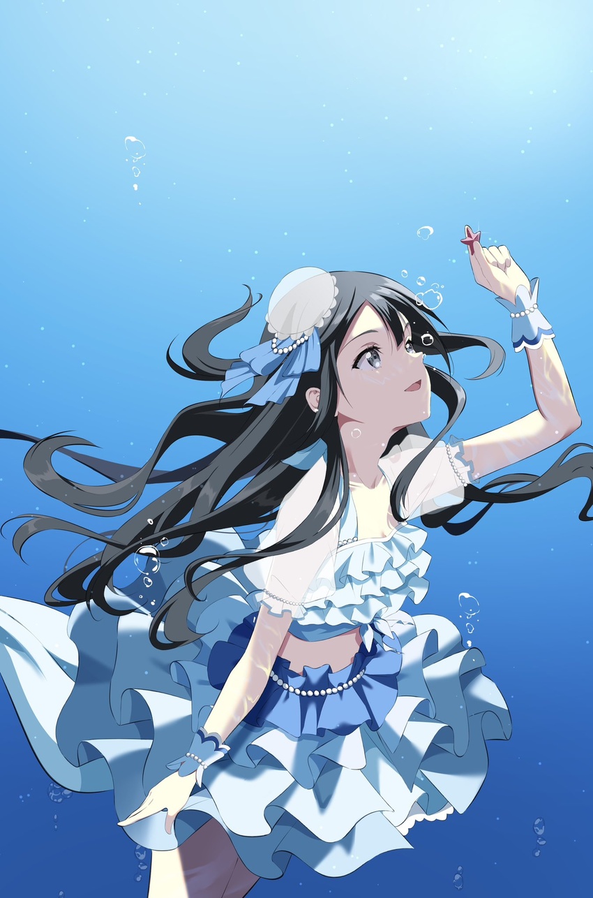 black_hair blue!_(love_live!) blue_skirt breasts bubble cleavage collarbone commentary female gorilla-shi grey_eyes highres holding long_hair love_live! love_live!_nijigasaki_high_school_idol_club midriff skirt solo symbol-only_commentary underwater yuki_setsuna_(love_live!)