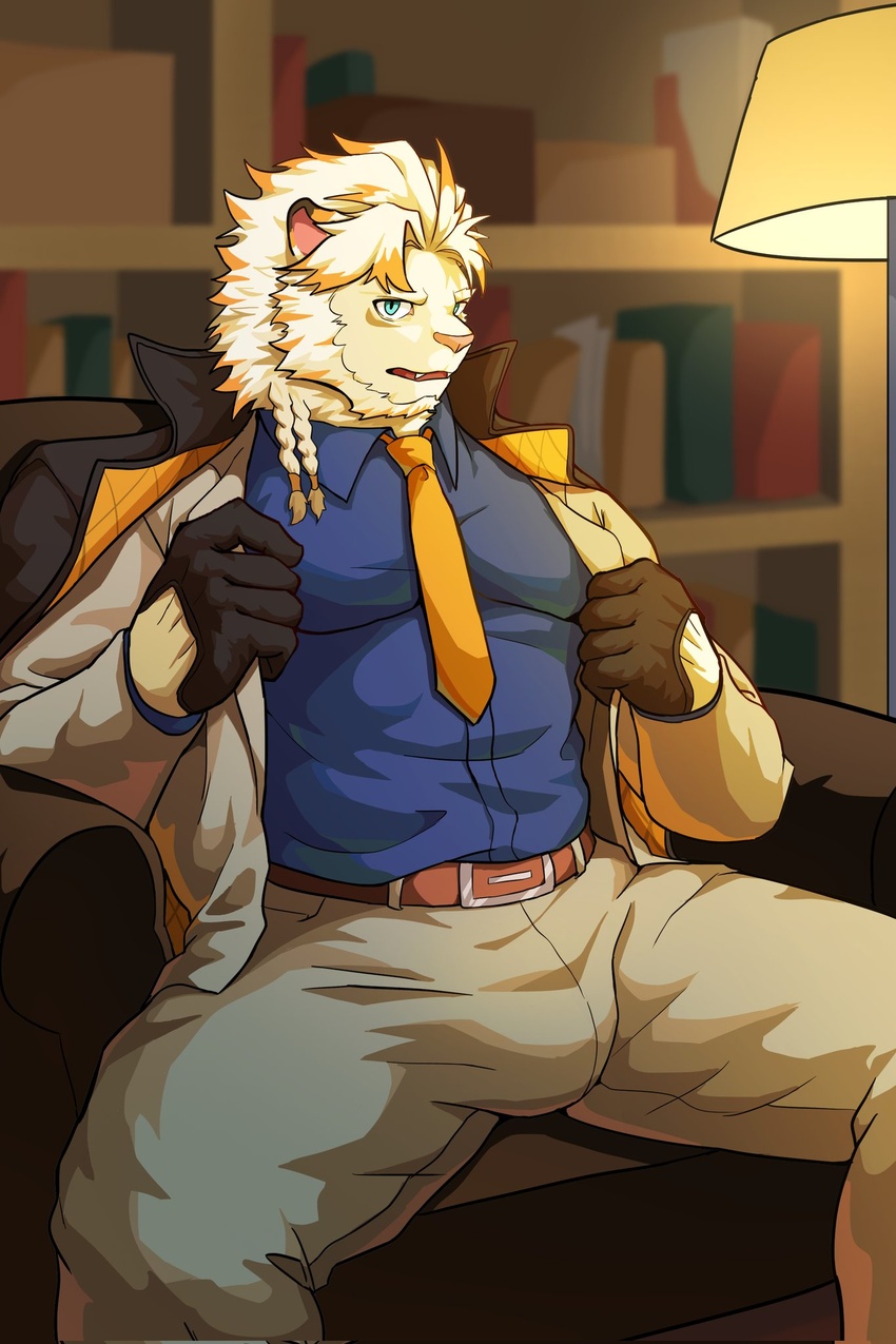 anthro astosis blonde_hair blue_eyes bulge clothing dress_shirt felid fur hair hi_res lamp lifewonders lion live_a_hero looking_at_viewer male mammal muscular muscular_anthro muscular_male necktie pantherine poroporo_08 shirt solo spread_legs spreading topwear white_body white_fur