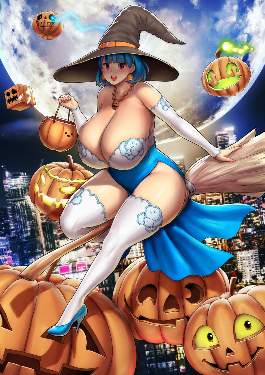 absurdres aqua_footwear bare_shoulders blue_dress blue_hair breasts broom broom_riding cityscape cleavage closed_mouth curvy detached_sleeves dress earrings erkaz female flying halloween hat high_heels highres huge_breasts jack-o'-lantern jewelry looking_at_viewer medium_hair minecraft moon necklace night open_mouth original outdoors print_thighhighs pumpkin red_eyes rina_atherina sans_(undertale) shadow side_slit solo strapless strapless_dress thick_thighs thighhighs thighs white_thighhighs witch_hat