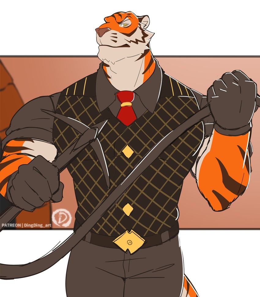 2023 anthro belt biceps biped bottomwear brown_body brown_fur brown_stripes clothed clothing digital_media_(artwork) dingding_(artist) epic_games eyebrows felid fortnite fully_clothed fur hi_res holding_object holding_weapon male mammal muscular muscular_anthro muscular_male necktie orange_body orange_fur oscar_(fortnite) pantherine pants pecs shirt solo striped_body striped_fur stripes tail tiger topwear vest weapon white_body white_fur