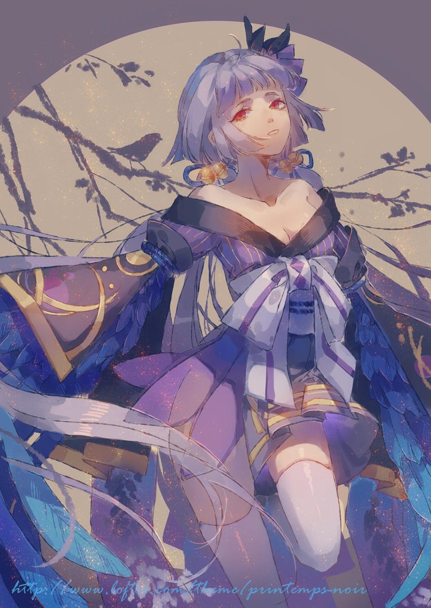 ahoge bare_shoulders bell bird black_flower black_sleeves blue_feathers blue_hair blue_ribbon blunt_bangs bow branch breasts cleavage collarbone eyelashes feathers female flower foot_out_of_frame grey_background hair_bell hair_flower hair_ornament hair_ribbon half-harpy highres itsumade_(onmyoji) japanese_clothes kimono layered_sleeves leg_up long_hair low_twintails miniskirt obi onmyoji purple_flower purple_kimono purple_skirt red_eyes ribbon sash skirt small_breasts solo striped_clothes striped_kimono thighhighs twintails two-tone_background vertical-striped_clothes vertical-striped_kimono very_long_hair white_bow white_thighhighs wide_sleeves yanmian_(printemps-noir) yellow_background