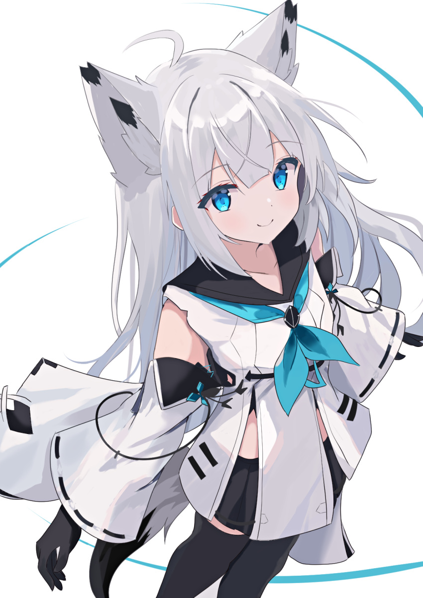 ahoge animal_ears azur_lane black_gloves black_skirt black_thighhighs blue_eyes blue_neckerchief closed_mouth commentary_request detached_sleeves dress female fox_ears fox_girl fox_tail gloves highres japanese_clothes kawakaze_(azur_lane) long_hair looking_at_viewer natsuki_(natsu_1936) neckerchief pleated_skirt ribbon_trim simple_background skirt smile solo tail thighhighs white_background white_dress white_hair wide_sleeves