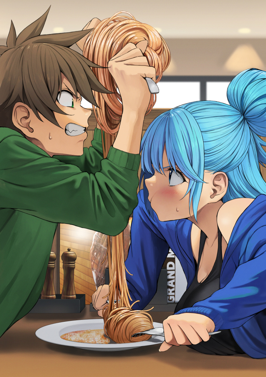 1boy alternate_hairstyle aqua_(konosuba) black_tank_top blue_eyes blue_hair blue_jacket blush breast_rest breasts breasts_on_table brown_hair castle_of_cagliostro cleavage collarbone commentary_request contemporary eye_contact female food from_side green_eyes hair_between_eyes hair_bun highres indoors izawa_(bhive003) jacket kono_subarashii_sekai_ni_shukufuku_wo! large_breasts long_hair long_sleeves looking_at_another lupin_iii md5_mismatch open_clothes open_jacket pasta plate profile satou_kazuma scene_reference single_hair_bun spaghetti spiked_hair sweatdrop tank_top upper_body