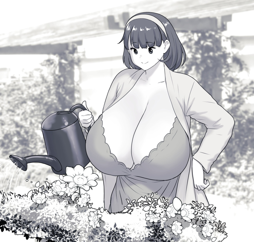 breasts cleavage closed_mouth erkaz female flower gardening greyscale hairband hand_on_own_hip highres huge_breasts long_sleeves monochrome original outdoors plant rina_atherina short_hair smile solo watering_can