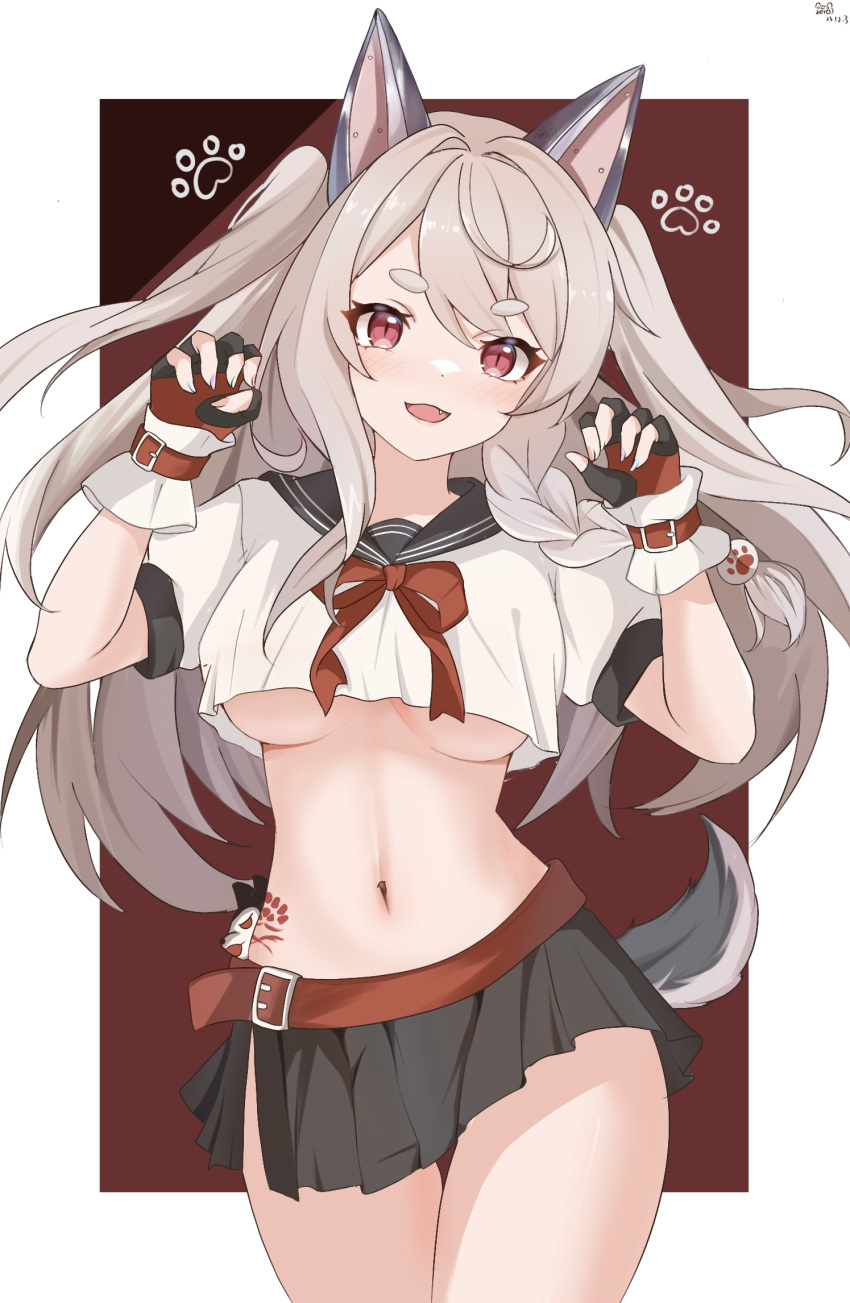 azur_lane belt black_skirt braid breasts claw_pose cowboy_shot crop_top crop_top_overhang dog_tail female fingerless_gloves gloves grey_hair hands_up highres large_breasts long_hair looking_at_viewer mechanical_ears midriff miniskirt navel neck_ribbon no_bra oerba_yun_fang open_mouth pleated_skirt red_eyes ribbon sailor_collar school_uniform serafuku shirt short_sleeves side_slit skirt slit_pupils smile solo standing stomach tail tattoo thick_eyebrows thighs two_side_up underboob white_shirt wrist_belt yuudachi_(azur_lane) zerosama_(sailuojiang)