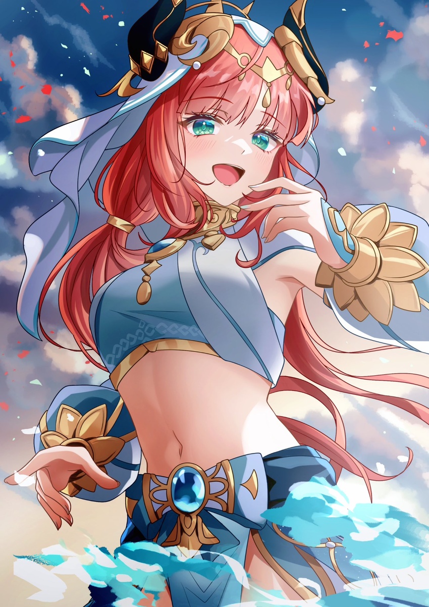 :d aqua_eyes blue_skirt blue_sky breasts brooch cloud commentary_request crop_top fake_horns female genshin_impact highres horns jewelry long_hair long_sleeves looking_at_viewer medium_breasts midriff mon-chan navel neck_ring nilou_(genshin_impact) open_mouth red_hair skirt sky smile solo stomach upper_body veil very_long_hair