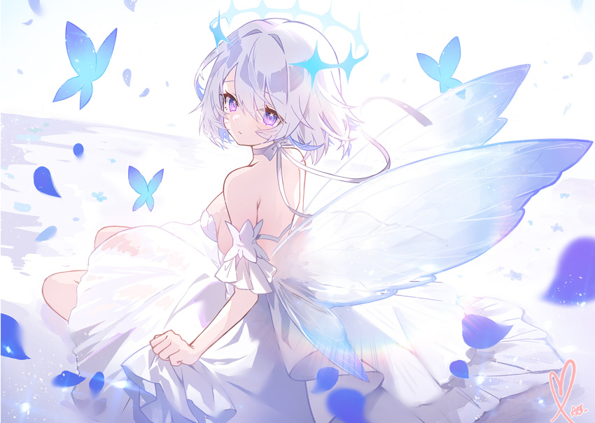 apple_caramel blue_butterfly breasts bug butterfly butterfly_wings commentary_request dress fairy_wings female halo insect_wings looking_at_viewer looking_back original partial_commentary purple_eyes sitting skirt_hold small_breasts white_dress white_hair white_wings wings