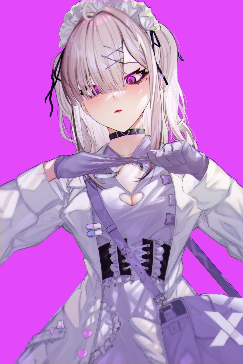 ahoge bag black_choker blush breasts choker cleavage collarbone eyes_visible_through_hair female gloves gurumyuu hair_ornament hair_over_one_eye highres lab_coat large_breasts latex latex_gloves mole mole_under_eye nijisanji nurse pill purple_eyes removing_glove shoulder_bag sukoya_kana twintails virtual_youtuber x_hair_ornament