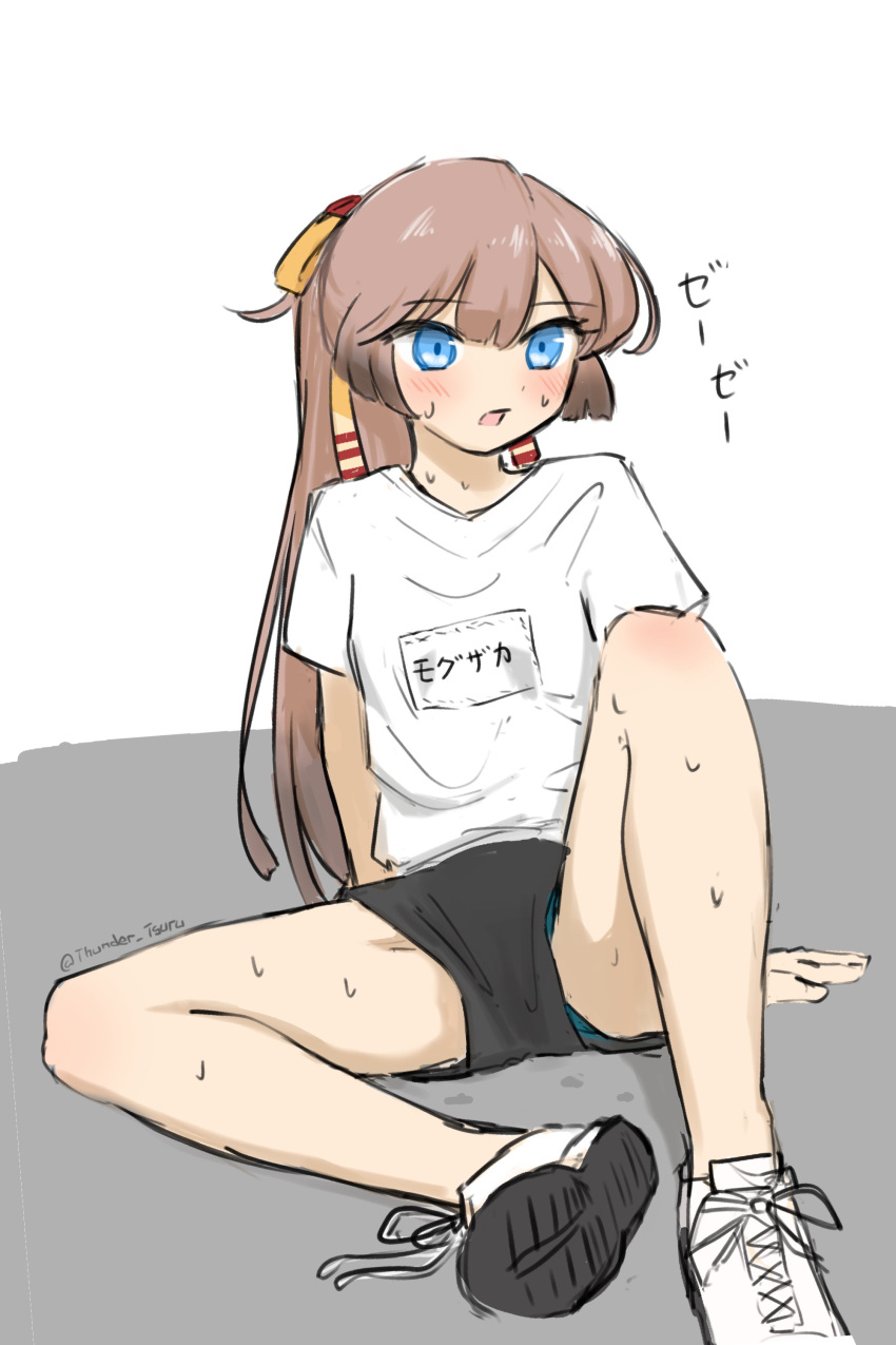 absurdres alternate_costume aqua_eyes black_shorts brown_hair female green_panties gym_shirt gym_shorts hair_ribbon highres kantai_collection kazagumo_(kancolle) long_hair name_tag panties panties_under_shorts panty_peek ponytail ribbon shirt shorts sitting solo sweat t-shirt tsuru_(thunder_tsuru) underwear upshorts white_footwear white_shirt