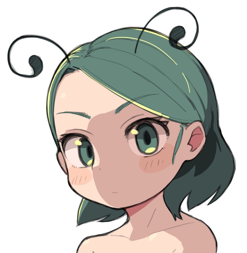 blush closed_mouth commentary_request completely_nude expressionless female green_eyes green_hair highres looking_at_viewer medium_bangs nude portrait short_hair sideburns simple_background solo swept_bangs touhou ugif white_background wriggle_nightbug