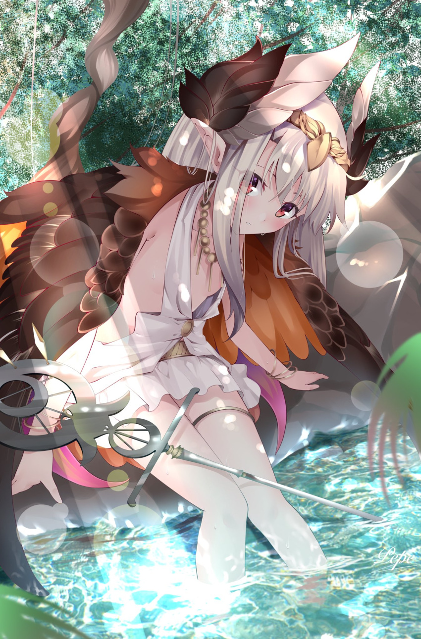 armlet bare_shoulders belt blush bracelet breasts circe_(fate) circe_(fate)_(cosplay) circlet cosplay fate/grand_order fate/kaleid_liner_prisma_illya fate_(series) feathered_wings female hair_between_eyes head_wings highres illyasviel_von_einzbern jewelry lens_flare light_rays long_hair looking_at_viewer necklace pei_iriya pointy_ears red_eyes shirt sidelocks sitting skirt sleeveless sleeveless_shirt small_breasts soaking_feet solo staff thighlet thighs water white_hair white_shirt white_skirt wings