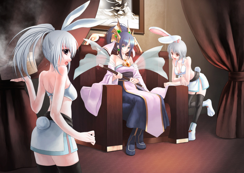 3girls animal_ears bad_id bad_pixiv_id blue_hair chang'e detached_sleeves long_hair moon_rabbit multiple_girls original ponytail rabbit_ears rabbit_tail red_eyes rotix short_hair silver_hair sitting skirt tail thighhighs