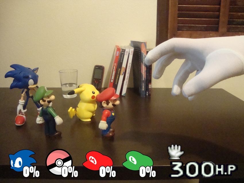 5boys cap cellphone crossover epic glass gloves luigi mario moustache multiple_boys nintendo photo pikachu pokemon shadow sonic sonic_the_hedgehog super_mario_bros. super_smash_bros. suspenders table tail toys video_games water