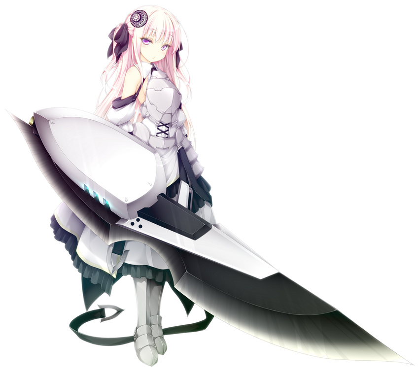 armor armored_dress bare_shoulders blade blonde_hair breastplate commentary_request detached_sleeves female greaves hair_ornament hair_ribbon huge_weapon long_hair luna_lia mahou_sensou open_mouth personification purple_eyes ribbon simple_background solo towa_(mahou_sensou) weapon white_background