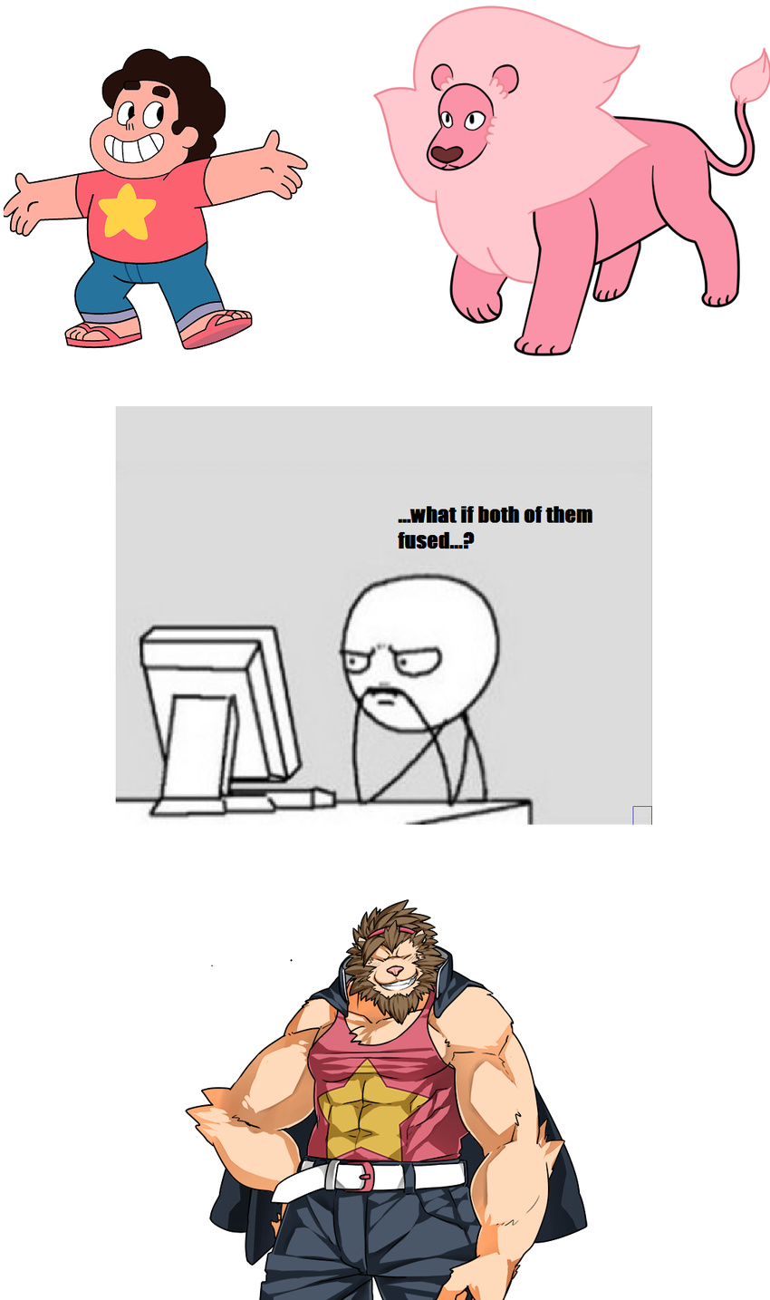 cartoon_network felid feral fur hi_res human humor kenn lion lion_(steven_universe) male mammal meme pantherine pink_body pink_fur solo steven_quartz_universe steven_universe stion text