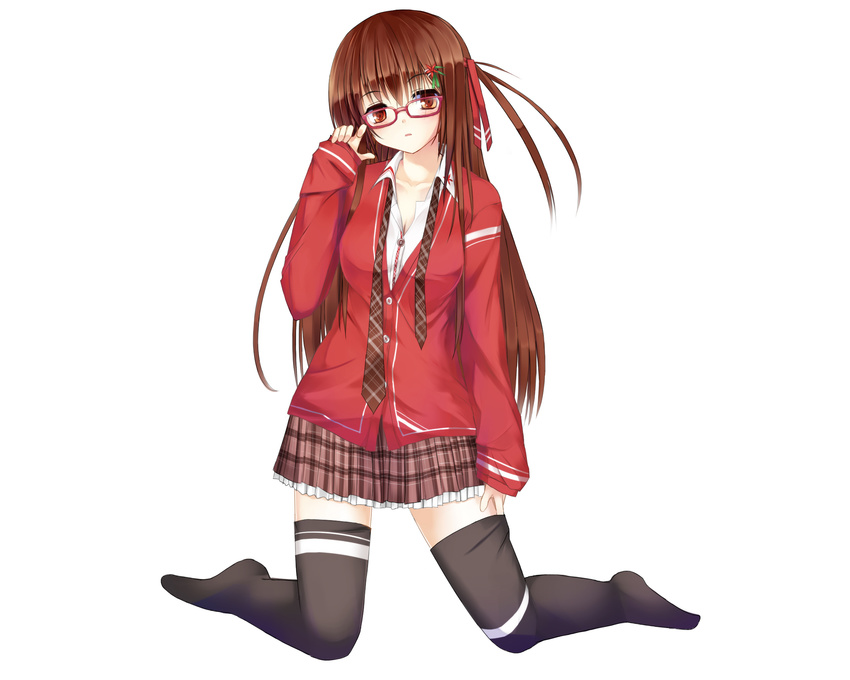 brown_hair glasses long_hair niboss original seifuku thighhighs white