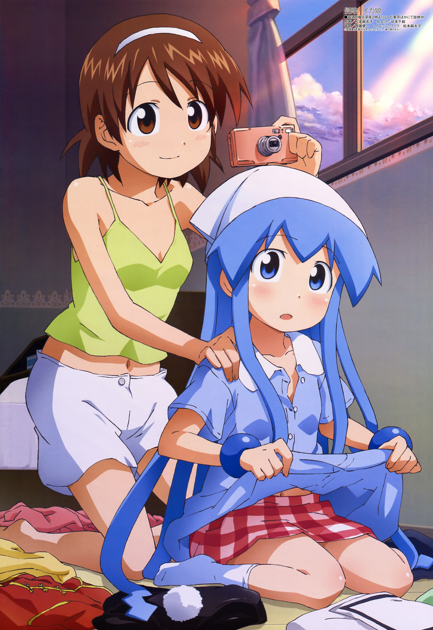 2girls absurdres blue_eyes blue_hair blush brown_eyes brown_hair camera casual cloud cosplay hairband highres ikamusume imageboard_desourced kneeling matsumoto_mayuko megami_magazine multiple_girls nagatsuki_sanae navel non-web_source official_art shinryaku!_ikamusume short_hair shorts sky socks tank_top tentacle