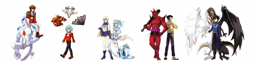 2girls 5boys absurdres aircraft airplane black_eyes black_hair blizzard_princess blonde_hair blue_eyes blue_hair boots breasts brown_eyes brown_hair commentary_request crossed_arms dragon duel_academy_uniform_(yu-gi-oh!_gx) duel_monster elemental_hero_terra_firma everyone fingerless_gloves glasses gloves highres light_and_darkness_dragon long_hair manjoume_jun marufuji_sho misawa_daichi monster multiple_boys multiple_girls natsuki_(sktbdisk) red_ogre school_uniform short_hair skirt small_breasts smile stealthroid strikeroid tenjouin_asuka turboroid twintails wide_image winged_kuriboh yu-gi-oh! yu-gi-oh!_gx yuki_judai