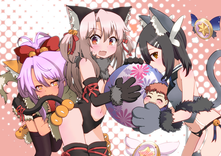 3girls animal_ears animal_hands ass_grab ball beachball bell bent_over biting biting_another's_tail black_hair black_panties black_thighhighs blowing blush bow brown_eyes cat_ears center_opening chloe_von_einzbern chloe_von_einzbern_(beast_style) commentary_request dark-skinned_female dark_skin dog_ears elbow_gloves emiya_shirou fake_animal_ears fate/kaleid_liner_prisma_illya fate_(series) flat_chest garter_straps gloves grey_hair hair_ornament hairclip illyasviel_von_einzbern illyasviel_von_einzbern_(beast_style) inflating jingle_bell leotard long_hair magical_ruby magical_sapphire miyu_edelfelt miyu_edelfelt_(beast_style) moriya1707 multiple_girls navel official_alternate_costume open_mouth panties paw_gloves paw_shoes pink_hair purple_hair red_eyes ribbon shoes standing standing_on_one_leg tail thighhighs twintails two_side_up underwear vest