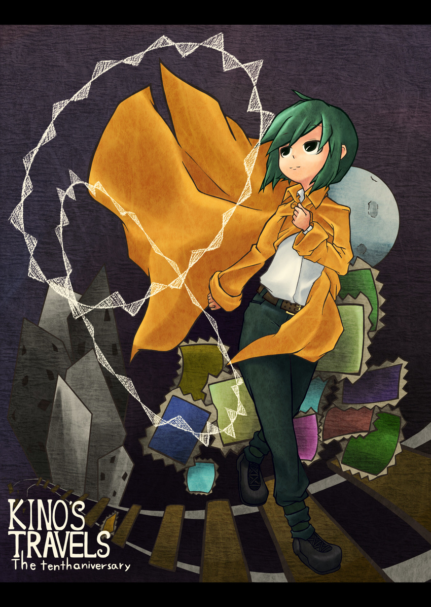 belt black_eyes bob_cut building coat commentary_request female green_hair highres jacket kino_(kino_no_tabi) kino_no_tabi letterboxed moon postage_stamp reverse_trap ryuuto_(ryutopia) short_hair solo