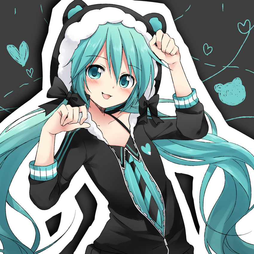 aqua_eyes aqua_hair blush commentary_request female green_ponpoko_(module) hatsune_miku highres hood hoodie kunoichi_demo_koi_ga_shitai_(vocaloid) long_hair looking_at_viewer md5_mismatch necktie paw_pose project_diva_(series) resolution_mismatch solo source_smaller sudachi_(calendar) twintails very_long_hair vocaloid