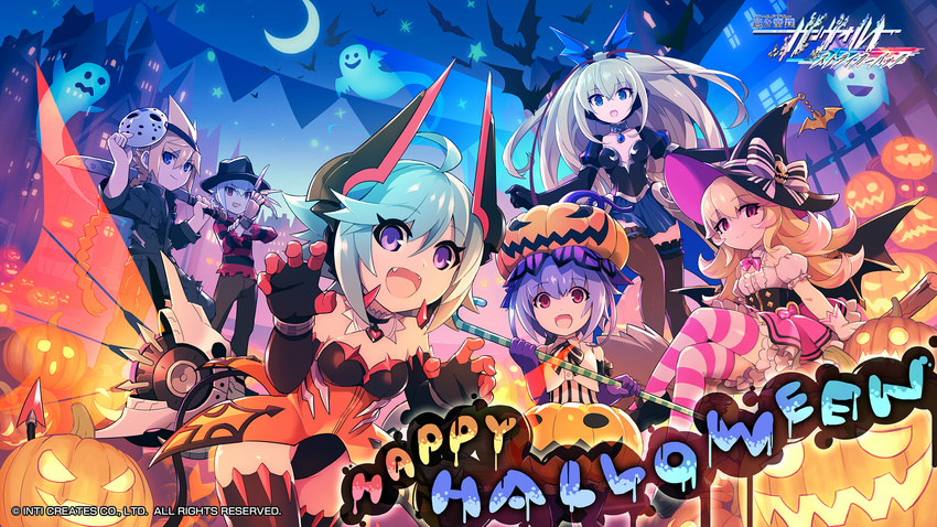 2boys 4girls a_nightmare_on_elm_street acura_(gunvolt) azure_striker_gunvolt azure_striker_gunvolt_2 bat_(animal) blonde_hair broom broom_riding cane claw_pose cosplay fangs freddy_krueger freddy_krueger_(cosplay) friday_the_13th ghost green_hair gunvolt halloween happy_halloween hat hatakeyama_yoshitaka headgear highres hockey_mask jason_voorhees jason_voorhees_(cosplay) joule_(gunvolt) logo long_hair lumen_(gunvolt) machete mask mechanical_wings multiple_boys multiple_girls mysterious_girl_(gunvolt) night official_art official_wallpaper pumpkin pumpkin_hat purple_eyes roro_(gunvolt) short_hair silver_hair watermark wings witch witch_hat