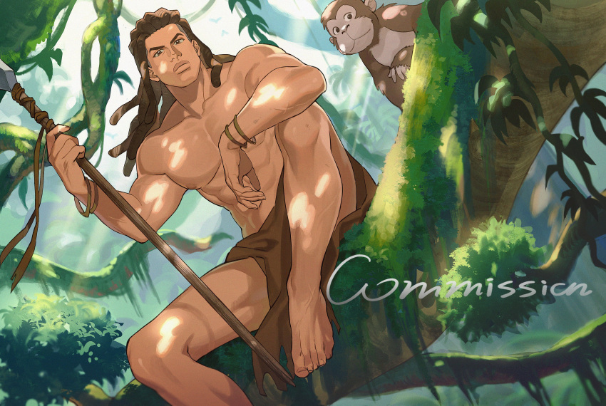 1boy absurdres akagi_takenori bara barefoot brown_eyes brown_hair brown_wristband closed_mouth commission dappled_sunlight dark-skinned_male dark_skin day dreadlocks gorilla highres holding holding_polearm holding_weapon in_tree jungle ke_(ke_sd) long_hair looking_at_viewer male_focus monkey moss muscular muscular_male nature nipples outdoors parody pectorals plant polearm scar scar_on_arm sitting sitting_in_tree slam_dunk_(series) solo sunlight tarzan topless_male tree undercut weapon